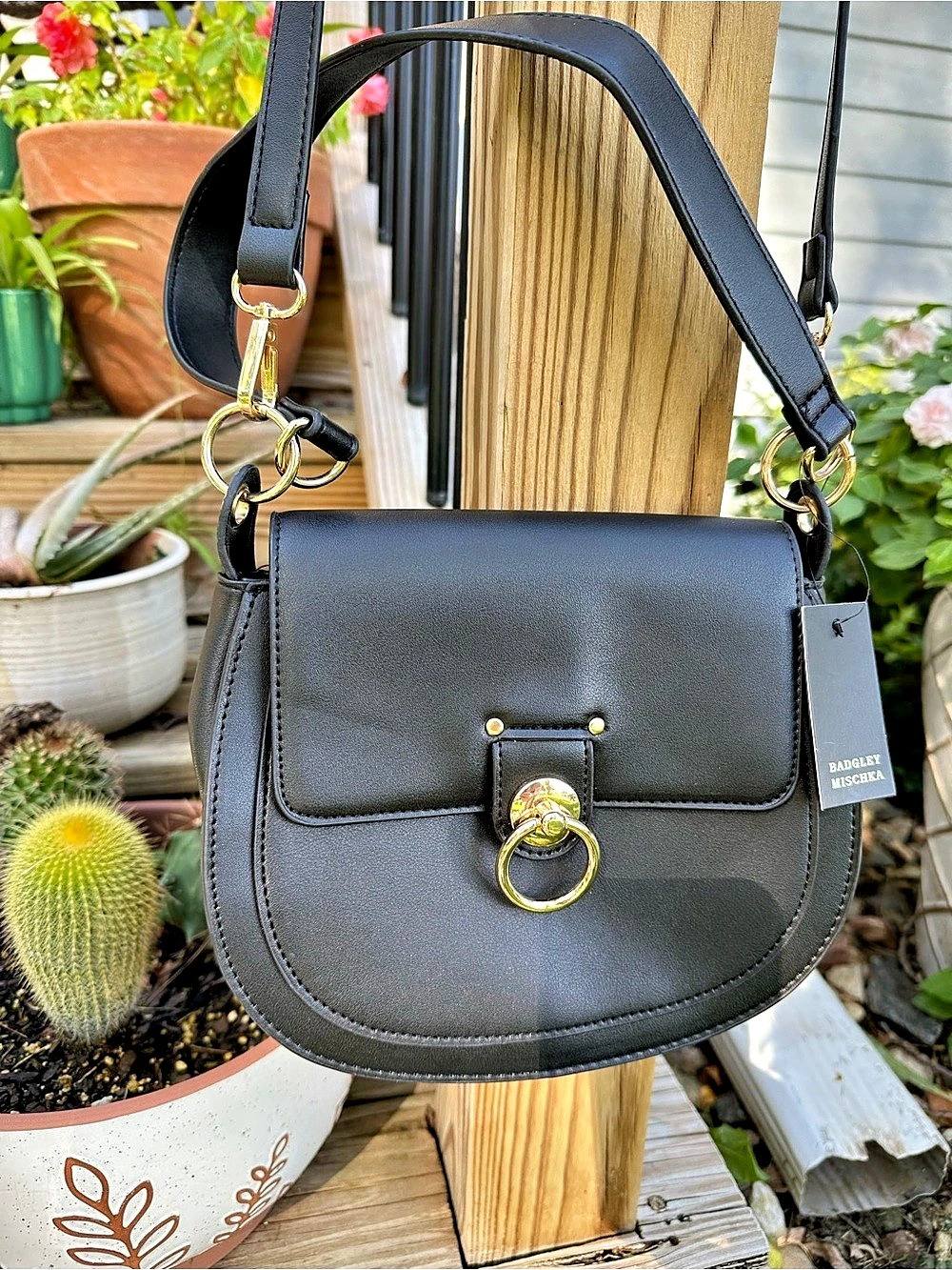 Badgley Mischka Saddle Bag Letter Lock Crossbody Bag Black NWT